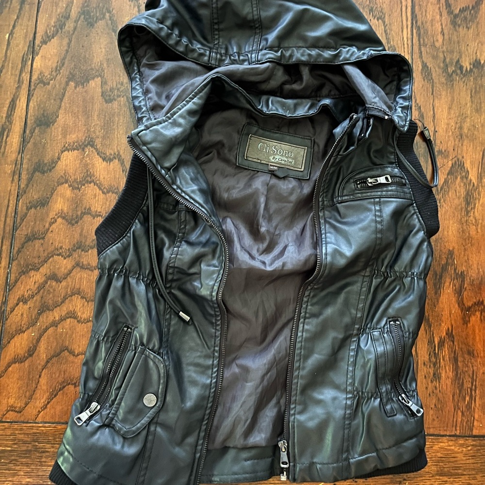 Y2K Ci Sono Black Leather Hooded Vest
